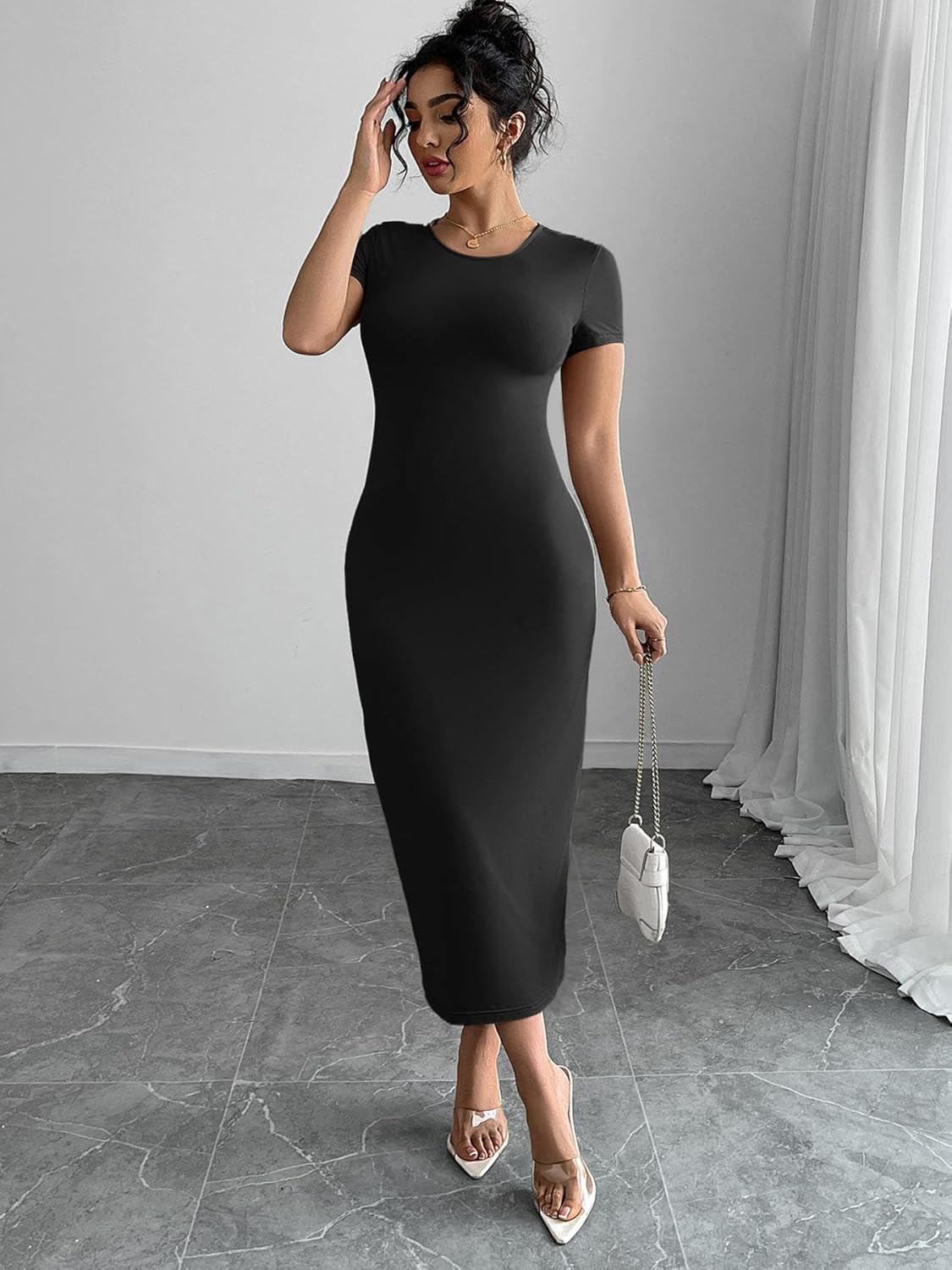Women's Plus Size Dress Summer Short Sleeve Bodycon Maxi Dress Casual Solid Round Neck Dress for Daily Wear Black - Image 3