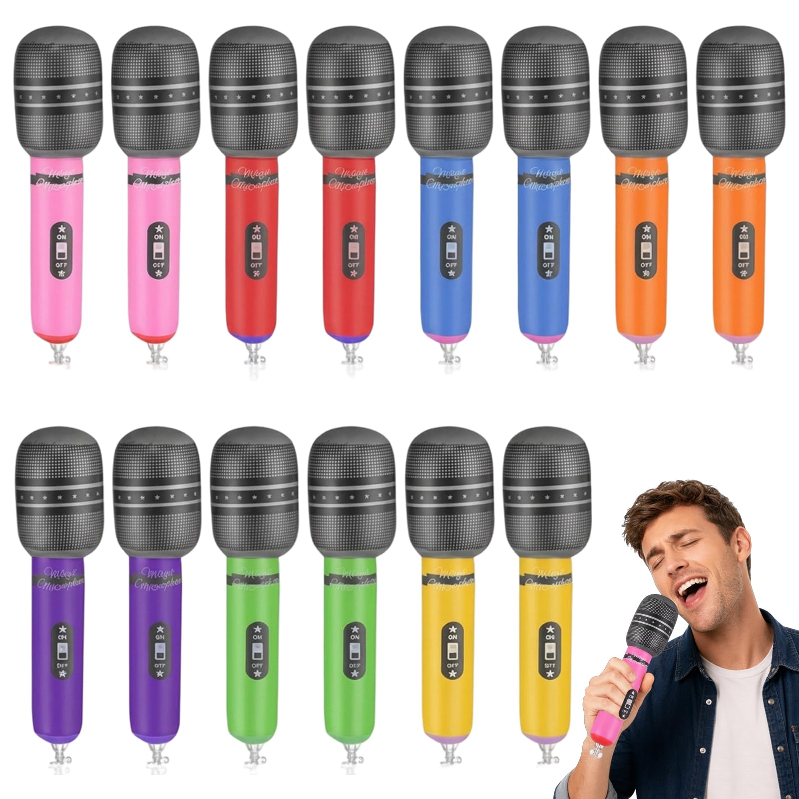 Aguwgax 14-Pack Inflatable Microphones โ 10-Inch Blow-Up Props in 7 Colors for Karaoke, Music Parties & Photo Booth Fun