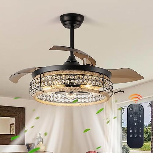 Miniatura 7 de Ventilador de techo de 42 pulgadas con cuchillas retráctiles de control remoto, motor de CC reversible. Linterna negra, estilo industrial, adecuado