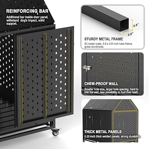 Miniatura 4 de Jaulas resistentes de 44 pulgadas para perros grandes, jaula indestructible a prueba de escapes con ruedas bloqueables, doble puerta de alta