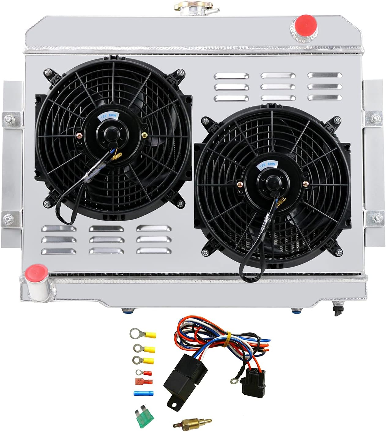 4 Row Core Aluminum Radiator with 10" Fan w/Shroud & Thermostat Relay Kit for 1972-1985 Jeep CJ5 CJ6 CJ7 L6 V8