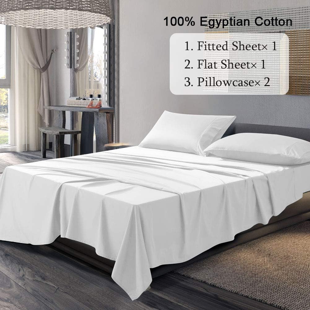 SONORO KATE 100% Pure Egyptian Cotton Sheets Sets,Cooling Bed Sheets 600 Thread Count Long Staple Cotton,Sateen Weave for Soft and Silky Feel, Fits Mattress 16'' Deep Pocket (White, King)