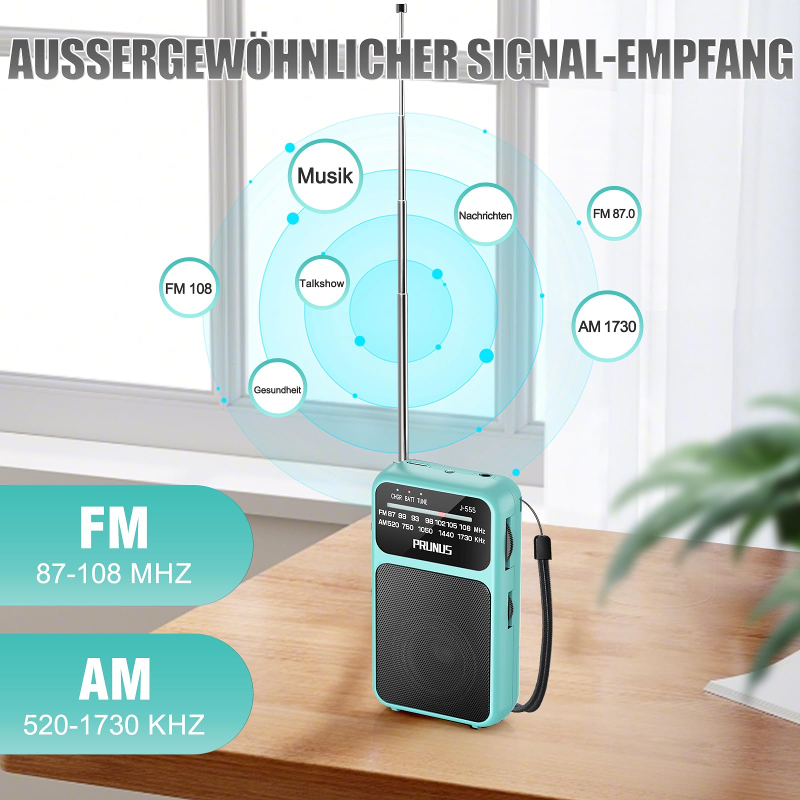 PRUNUS J-555 AM/FM/UKW Radio Klein, Kleines Radio mit Akku, USB-C-Laden, Miniradio Batteriebetrieben per AAA-Batterien mit Rückclip & Lanyard zum Joggen, Camping, Stromausfall. (Blau)