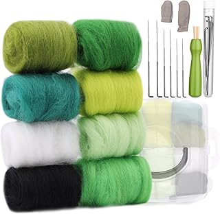 8 Colors Felting Wool, Needle Felting Wool, Wool Roving for Needle Felting, Fibre Wool Yarn Roving with Storage Box, Wool Felt Tools with Felting Needle (Green)