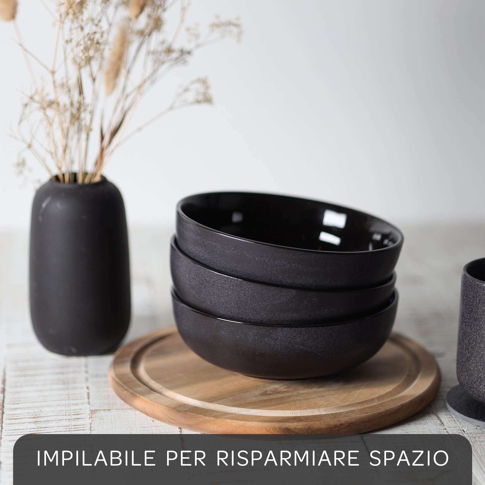 Steinzeit Ciotola Cucina Design (6x750ml, nero) - Insalatiera Ceramica per zuppa extra large - Ciotole colazione lavabile in lavastoviglie - Bowl - Ciotola per cereali - Insalatiera in ceramica