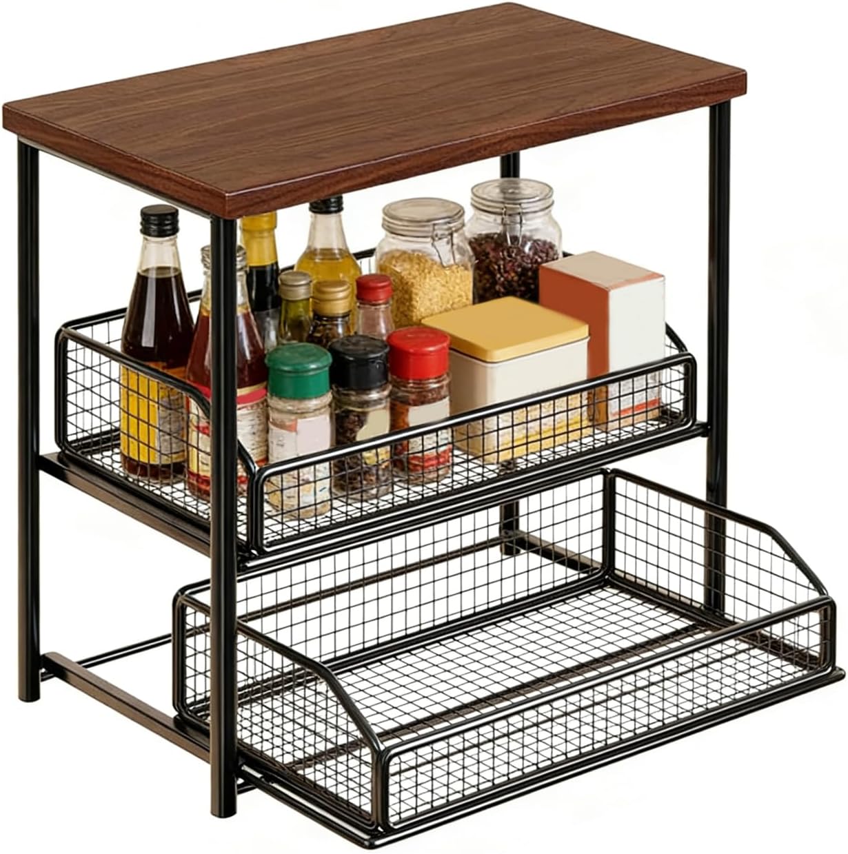 Coffee Storage Rack – Desktop Organizer Shelf, Double Layer Iron Wood Stand With Drawer | Cup Condiment Utensil Holder, Space Saving Display Solution for Kitchen Coffee Bar Counter