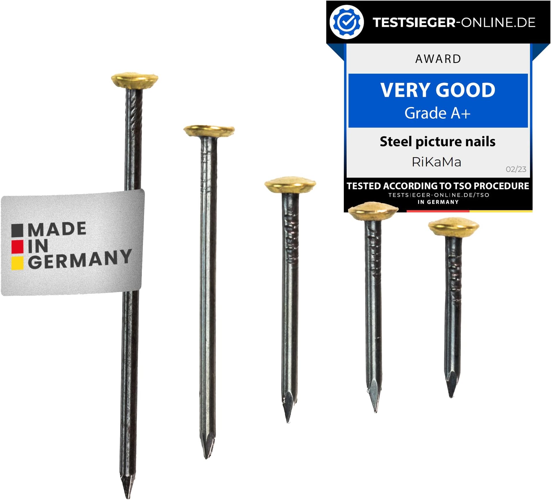 50 Picture Nails in a Mix of 10 x 20 mm, 25 mm, 30 mm, 40 mm, 50 mm - Steel Nails for Use on Concrete, Brick, Plaster & Wood - Made in Germany (Golden Head)