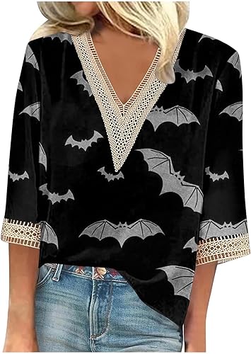 Halloween Shirts for Women 34 Length Sleeve Womens Tops Pumpkin Shirt Trendy V Neck Casual Loose Fit Tunic T-Shirts