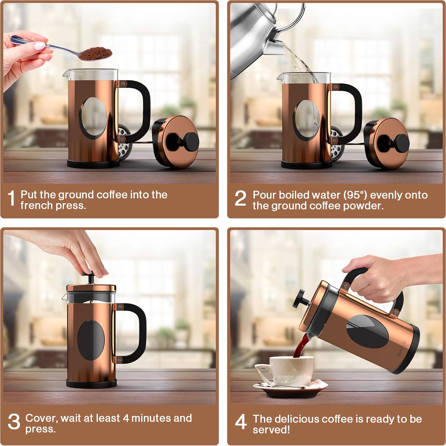 bonVIVO Cafetière à Piston 1L - French Press Inox et Verre Thermorésistant, Cafetiere Piston avec Filtres de Rechange, Cafetière Piston Design pour Café Savoureux - Finition Cuivre GAZETARO I