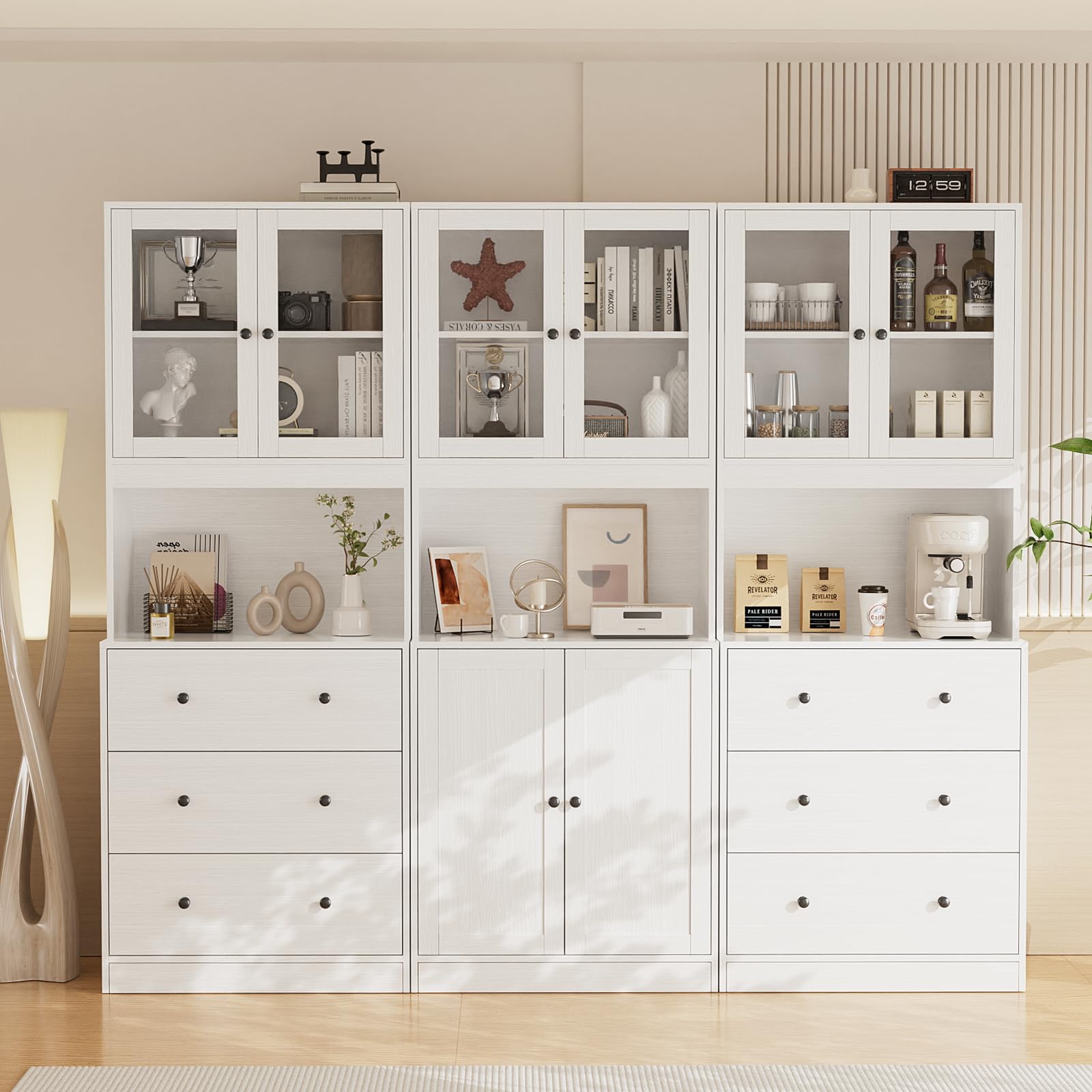 VOWNER 3PCS Bookshelf and Bookcase, 5-Tier Modern Bookshelves with 3 Large Drawer, Glass Display Cabinet with Lager Storage Shelf, Combination Storage