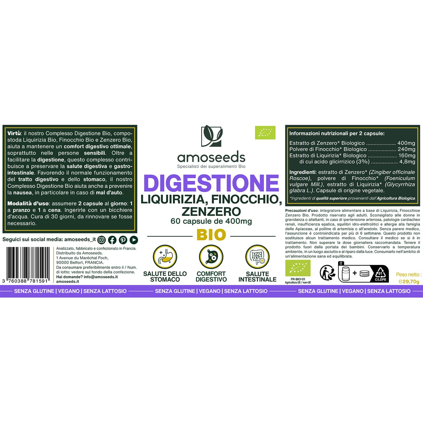 Digestione BIO | Comfort digestivo e salute dello stomaco | Liquirizia, Finocchio, Zenzero | Migliora la Digestione, riduce i Disturbi | 60 capsule da 400mg | Qualità superiore