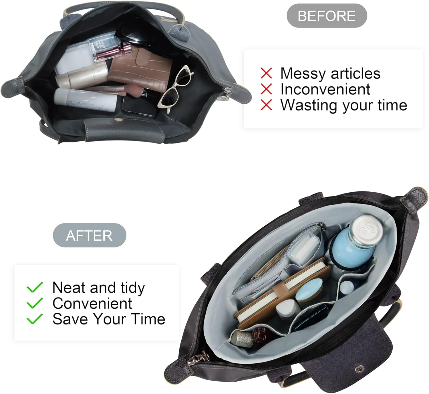 Vercord Purse Organizer Insert City Tote Bag in Bag Handbag Organizers Zipper Pockets Greyblue Small