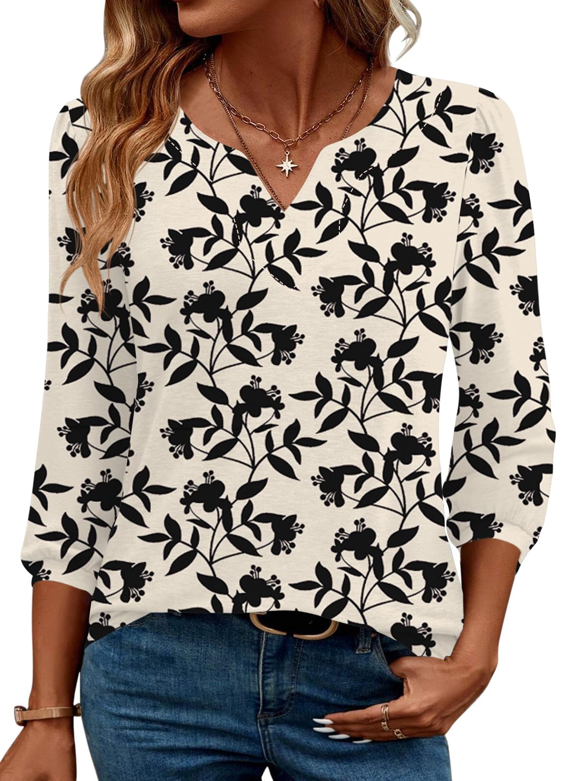 LUYAA 3/4 Length Sleeve Womens Tops Dressy Casual V-Neck Puff Sleeve Blouses Business Work Tunic Shirt S-XXL