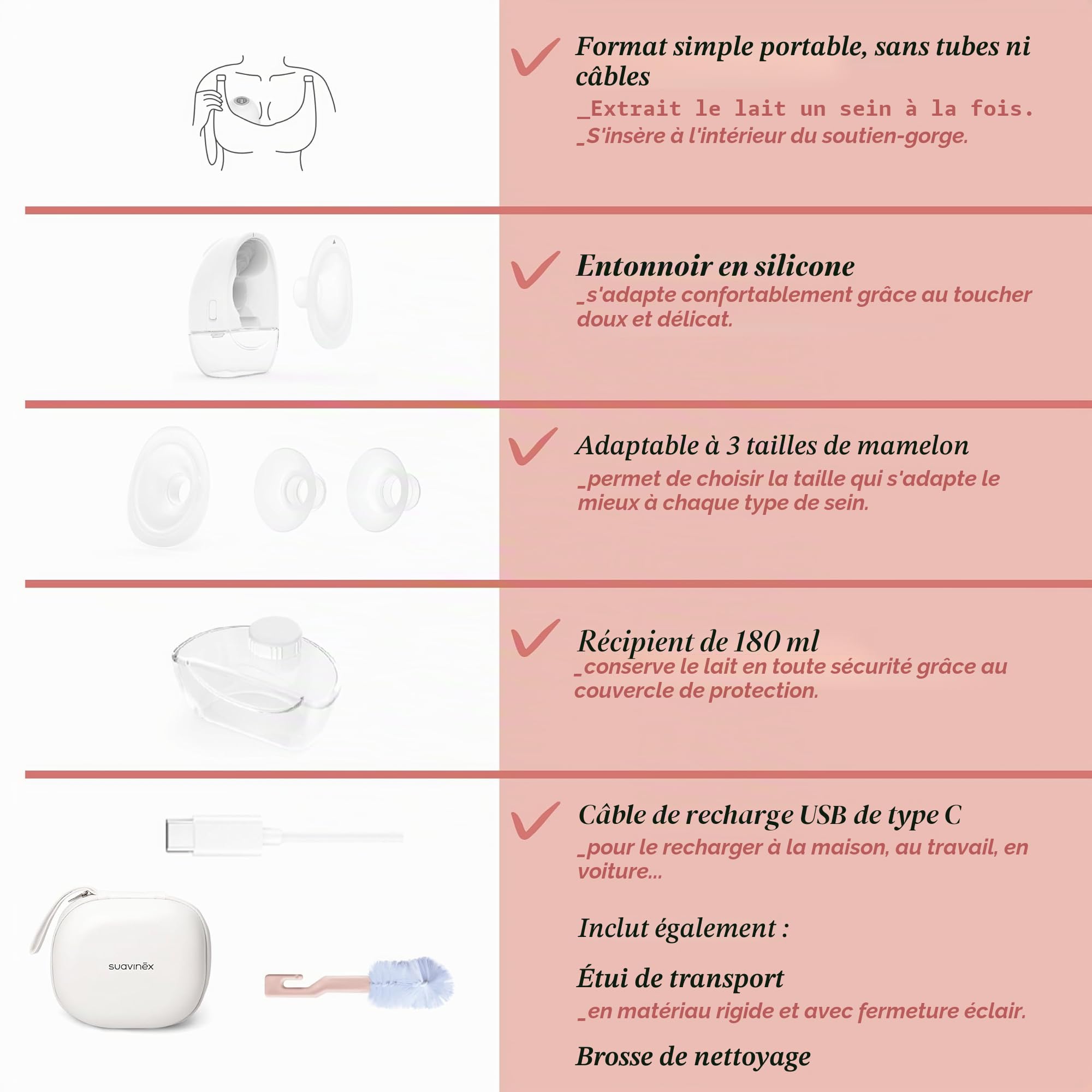 Suavinex, Tire Lait Electrique Main Libre, Portable, Sans Fils, Sans Tubes, avec Batterie, 3 Modes et 9 Intensités, avec Adaptateurs, Silencieux, Étui et Brosse, Écran LED, Réservoir 180 ml