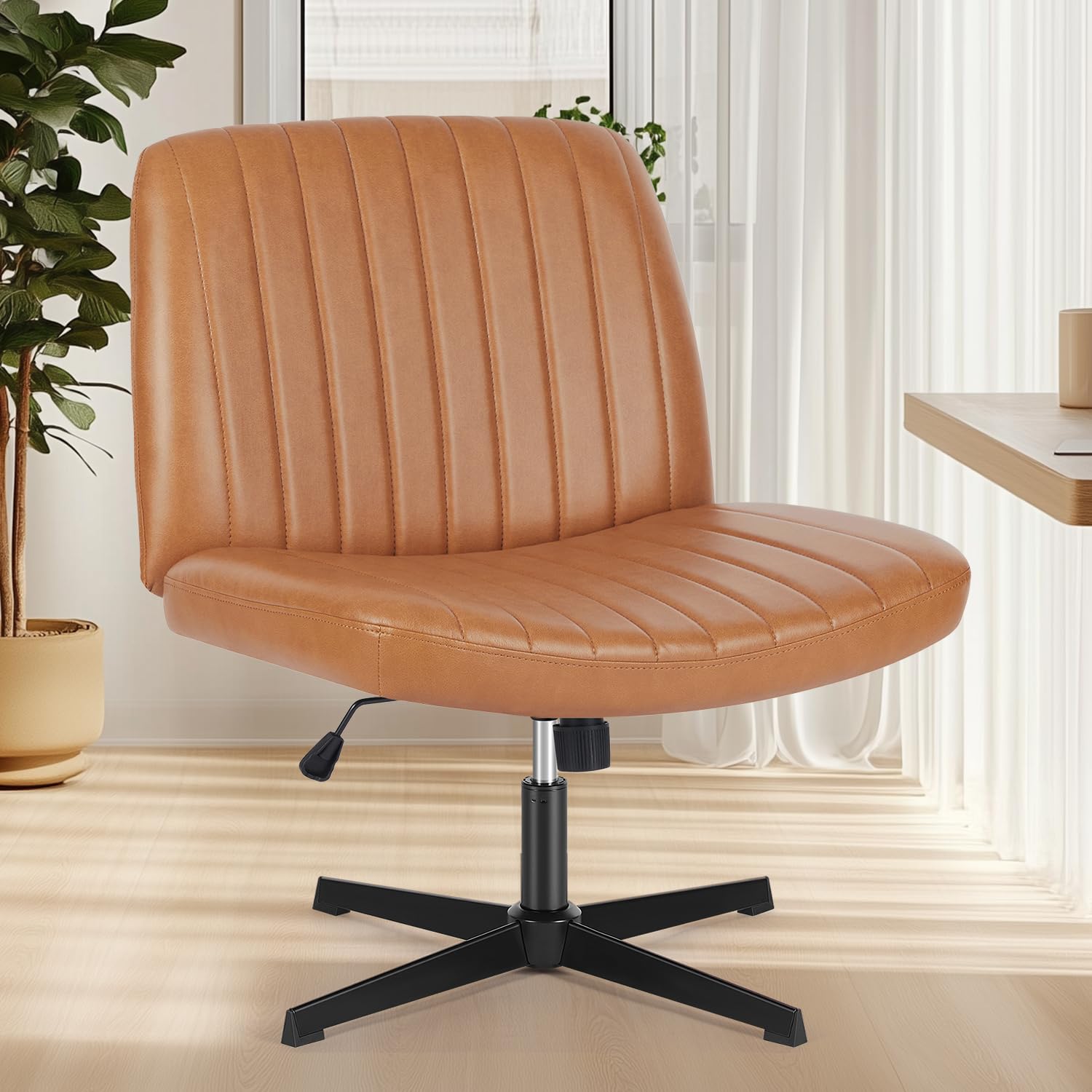 YSSOA Criss Cross Legged Chair with Back Office Desk Chair PU Leathe No Wheels Comfy Wide Vanity Chair Swivel Armless Height Adjustable Chair Computer