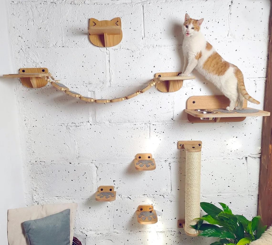 ANAIZA Wall-Mounted Cat Furniture Set – Wooden Cat Climbing Shelves, Hammock Bridge, Perch, Scratcher & Feeder – Interactive Wall Playground for Indoor Cats (Wall Furniture Set) 3