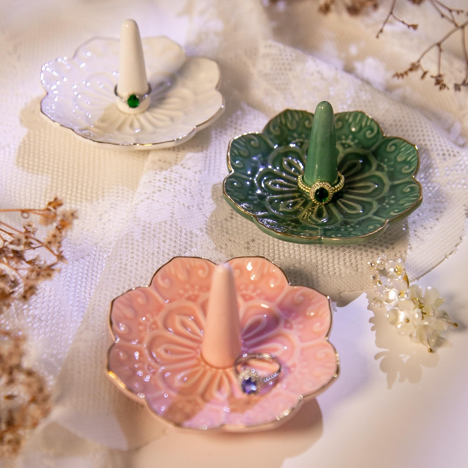 HOMEGOAL Ceramic Ring Holder Dish for Jewelry, Decorative Mandala Jewelry Tray for Rings Earrings Necklaces Watch Keys, Aesthetic Room Decor, Birthday Engagement Wedding Gifts for Women (): Pink