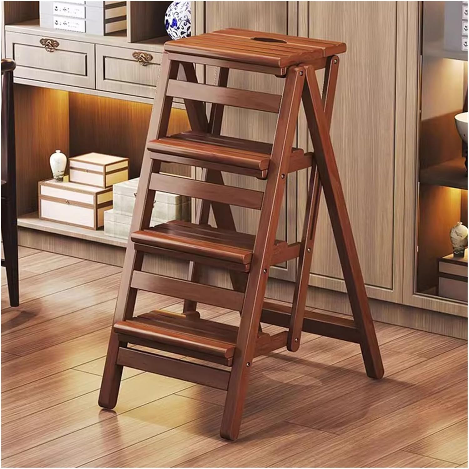 Step Stool for Adults/Step Ladder/Counter Chair,3-Step Folding Portable Wooden Step Stool,Anti-Slip & Lightweight Display Storage Shelf Flower Rack(Two-Steps)