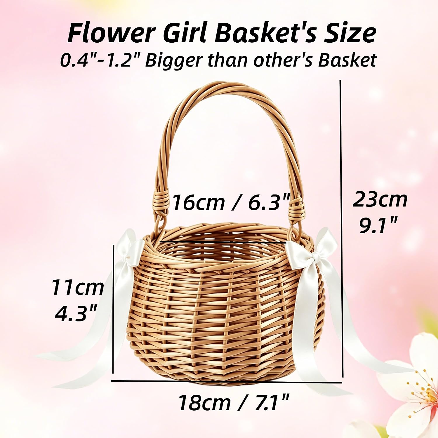 2PCS Wicker Rattan Flower Girl Basket Set with White silk Bow, 7.1"x7.1"x9.1" Hand Woven Rustic Wedding Basket with Handle for Bridal Partyg Home Decor Picnic Candy Sweets Gifts Storage, Brown