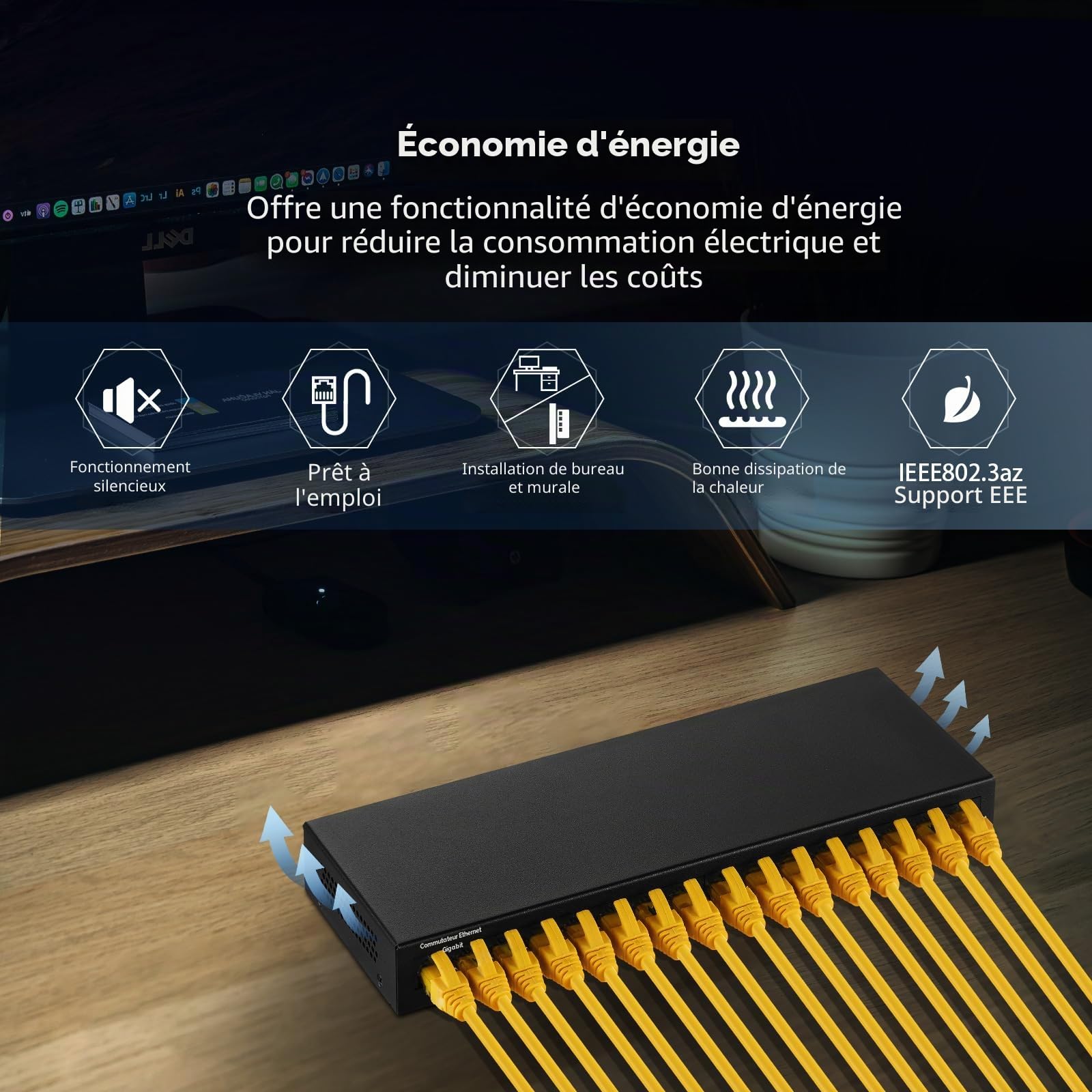 MokerLink Commutateur Gigabit Ethernet 16 ports, commutateur réseau plug-and-play non géré en métal sans ventilateur