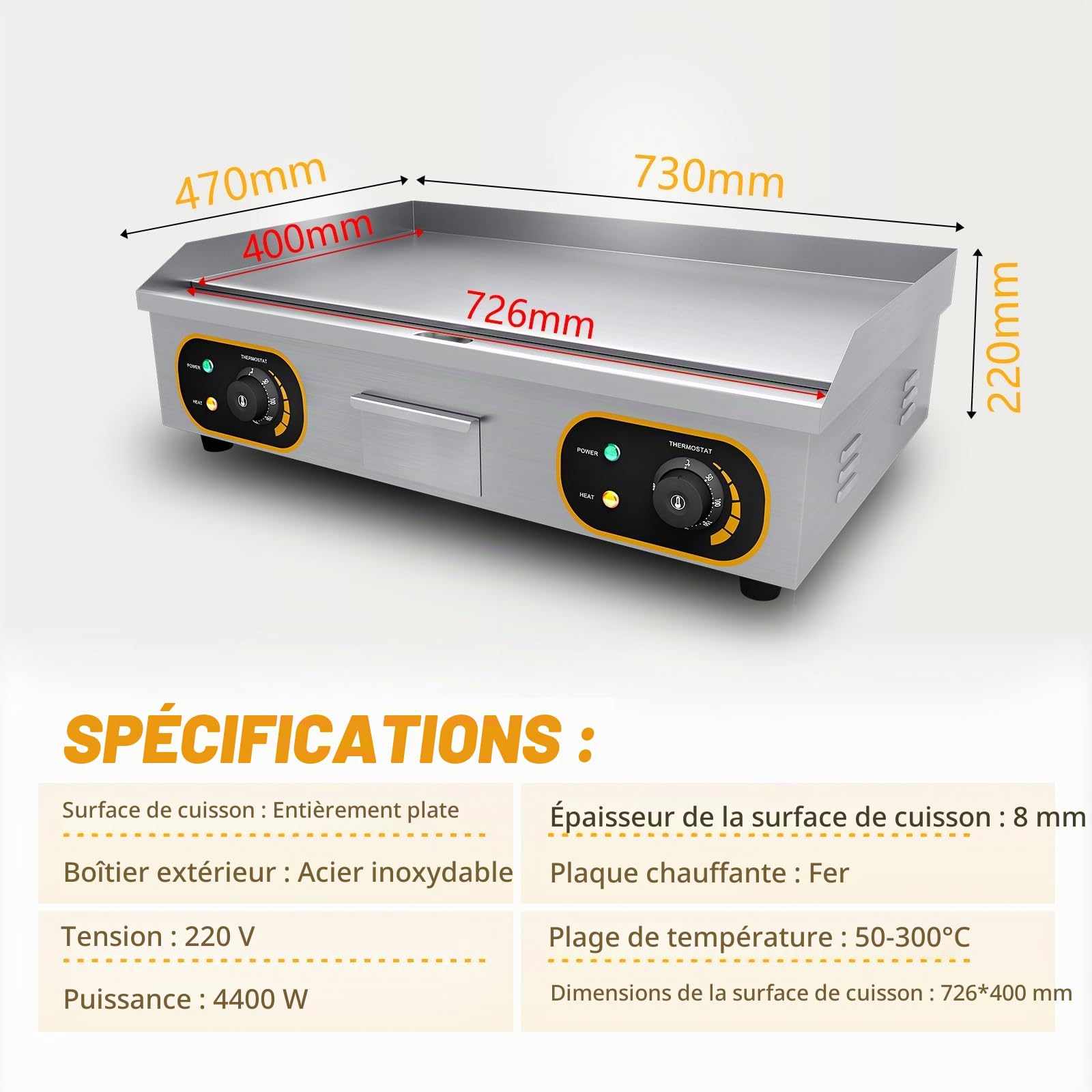 Plancha Électrique Professionnelle Inox 4400W De Gril En Le Fer 73 * 43cm, Thermostat 50 À 300°C, 2xThermostat, 2 Prises (Entièrement Lisse)