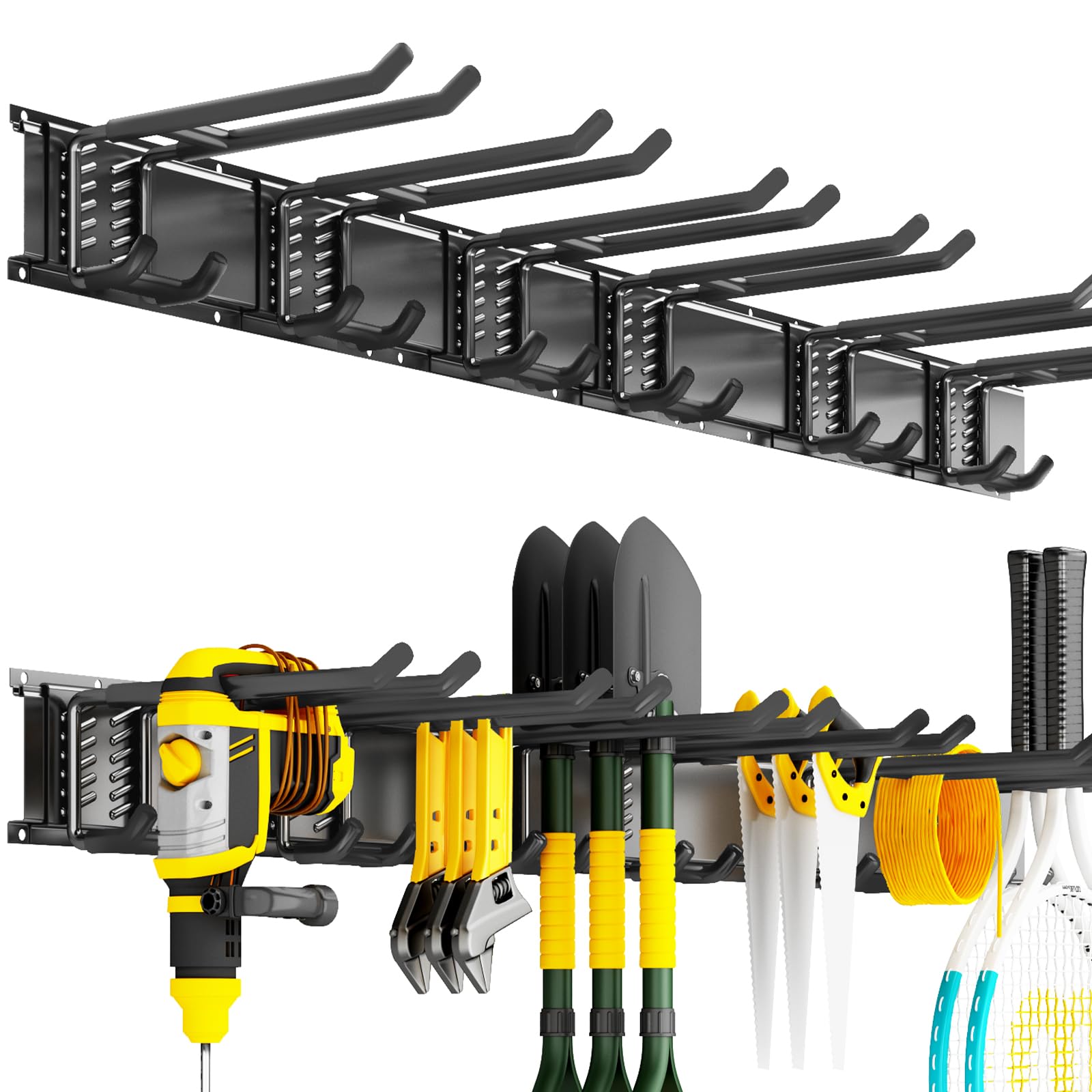Garage Tool Organizer Wall Mount, 48 Inch Heavy Duty Garden Tool Organizer Storage System, Easy Install with 6 Adjustable Bilayer Hooks, for Garage, Basement, Shed, Workshop, Black, Steel