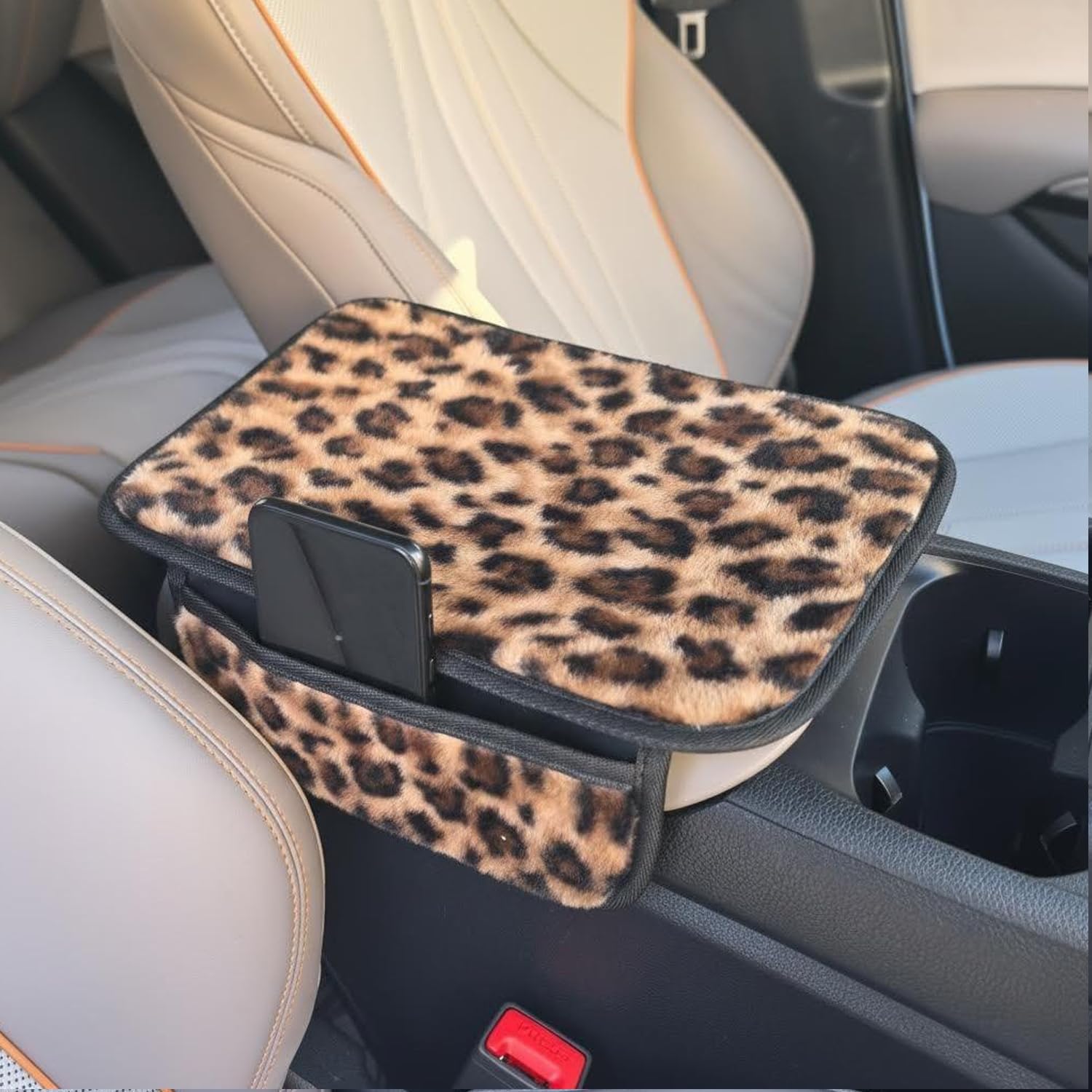 Car Armrest Cover Pad, Leopard Car Center Console Cover,Fluffy Car Arm Rest Cover Cushion with 2 Storage Bags,Interior Accessoires for Most Vehicles(Brown)