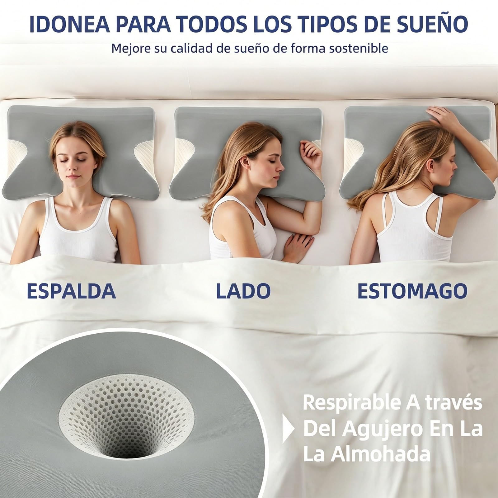 Almohada 2 en 1 de Espuma con Memoria, Ergonómica y Reversible | Doble Altura Soporte Cervical Perfecto para Dormir de Lado, Boca Abajo y Espalda, 60x42x14/12 cm, Gris y blanco