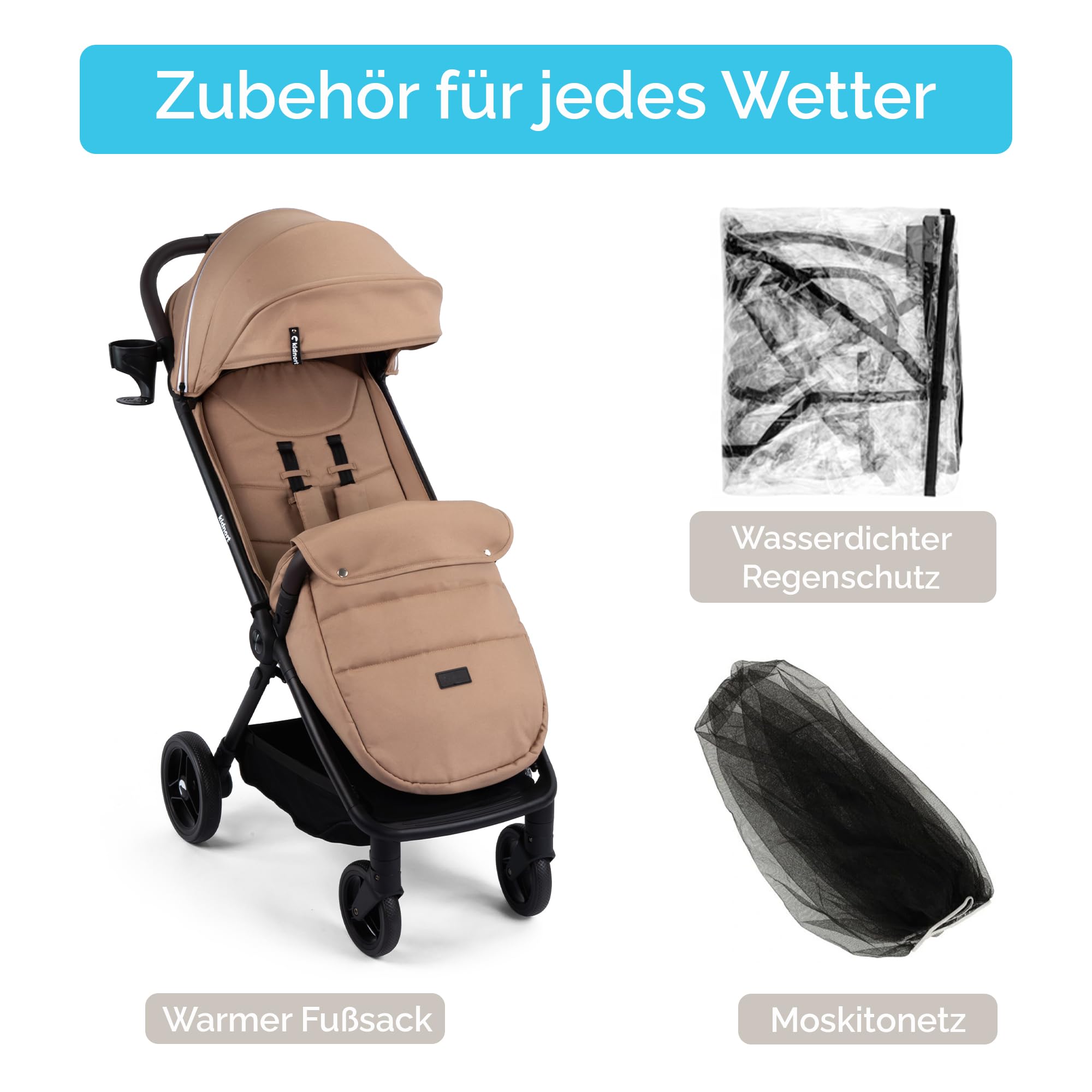 Snøugle Passeggino Leggero da Viaggio Pieghevole con una Mano fino a 22 kg Schienale Reclinabile Ruote Ammortizzate Cintura a 5 Punti Cappottina Estensibile Accessori Inclusi Beige