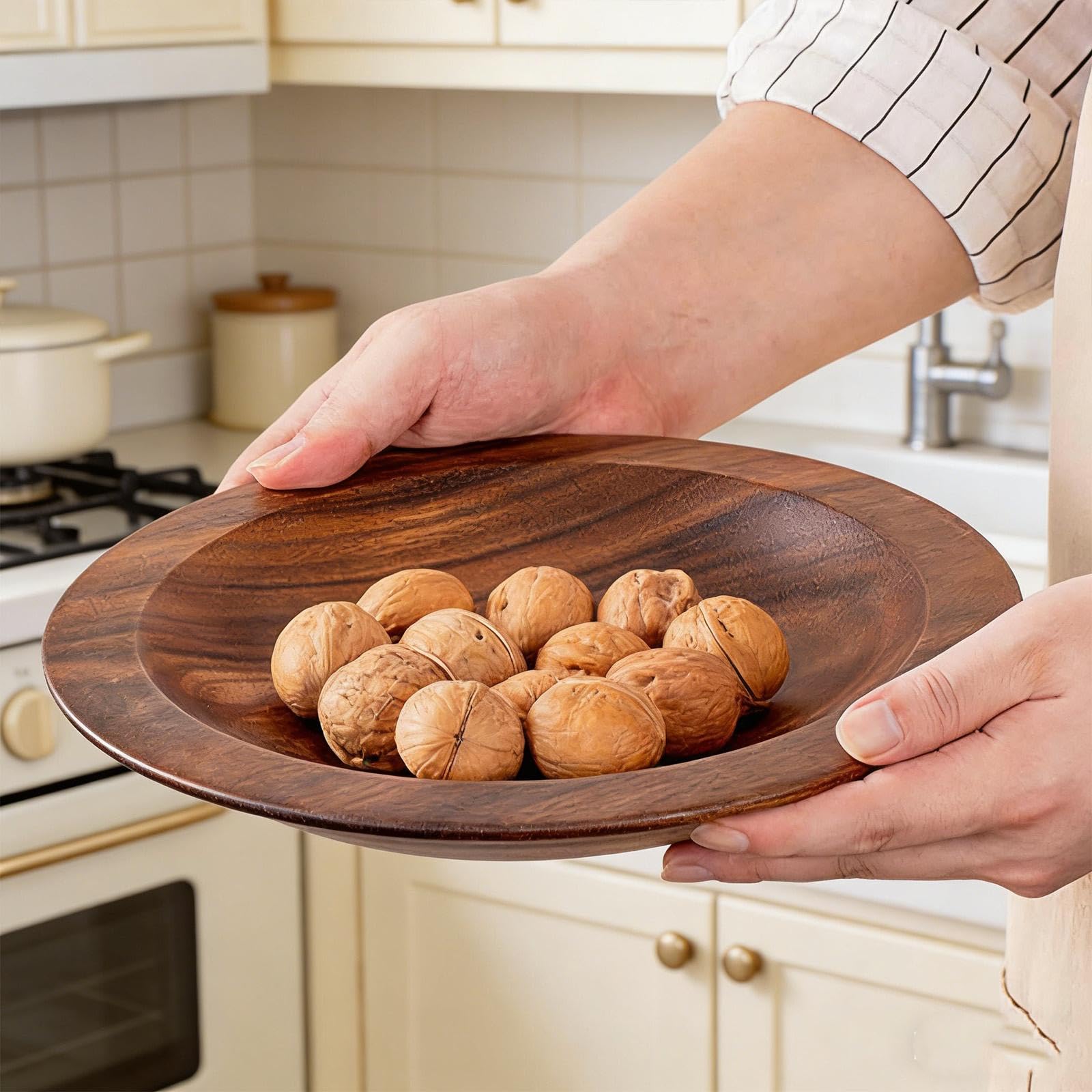Ensaladera de Madera de con Líneas Curvas Y Superficie Lisa Bol para Mezclar Alimentos Recipiente para Guardar Frutas Cuenco para Servir Ensalad, S