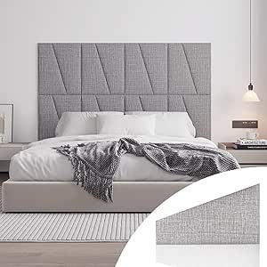 Peel and Stick Headboard for Queen Bed Linen Fabric Upholstered Wall Mounted Headboard - Light Grey (6 Panels)