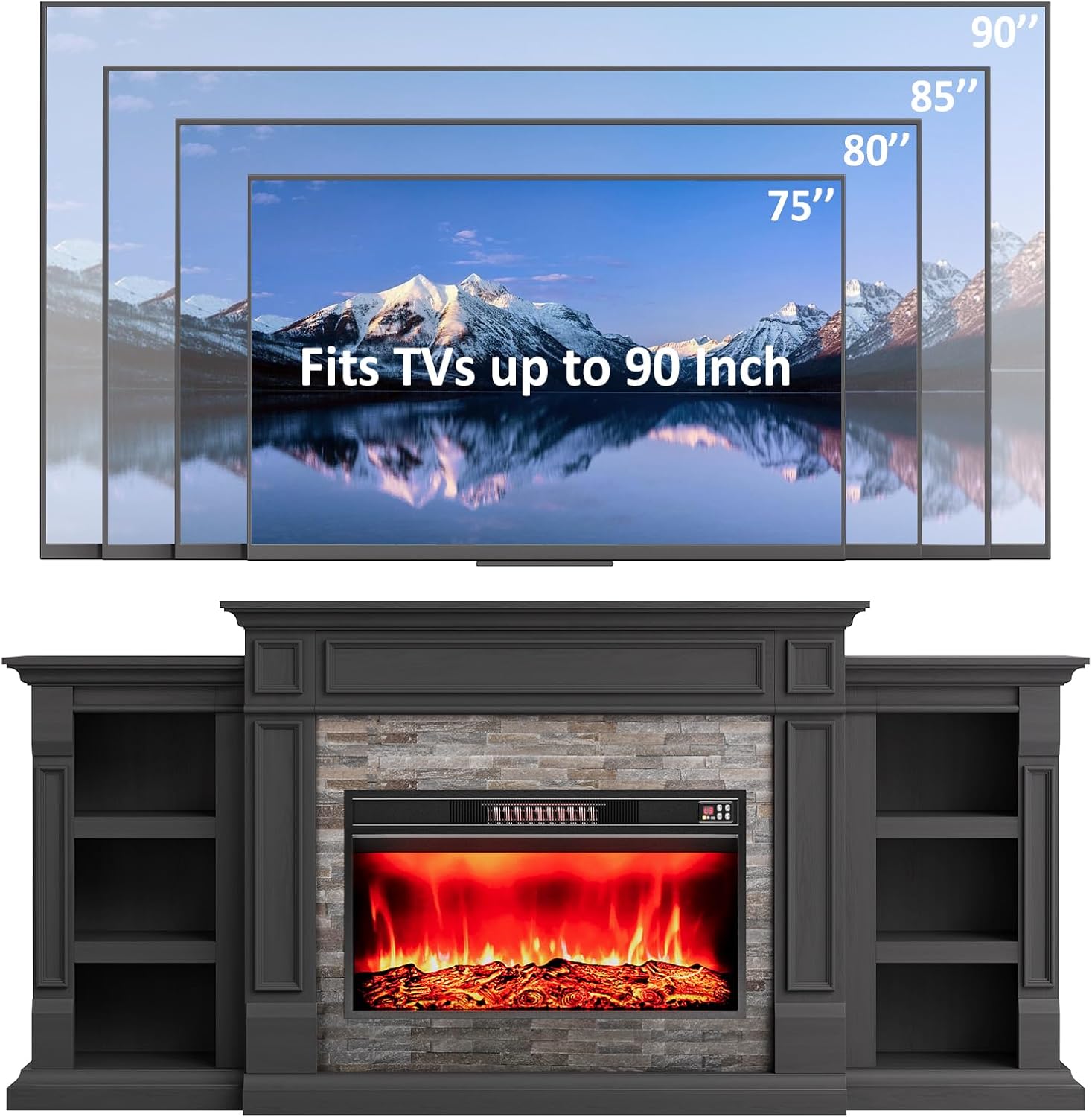 80" Electric Fireplace with Mantel, Fireplace TV Stand for TVs Up to 90", Modern Entertainment Center, Realistic Stacked Stone Surround 30" 3D Realistic Flame Heater Ideal for Living Room,Black