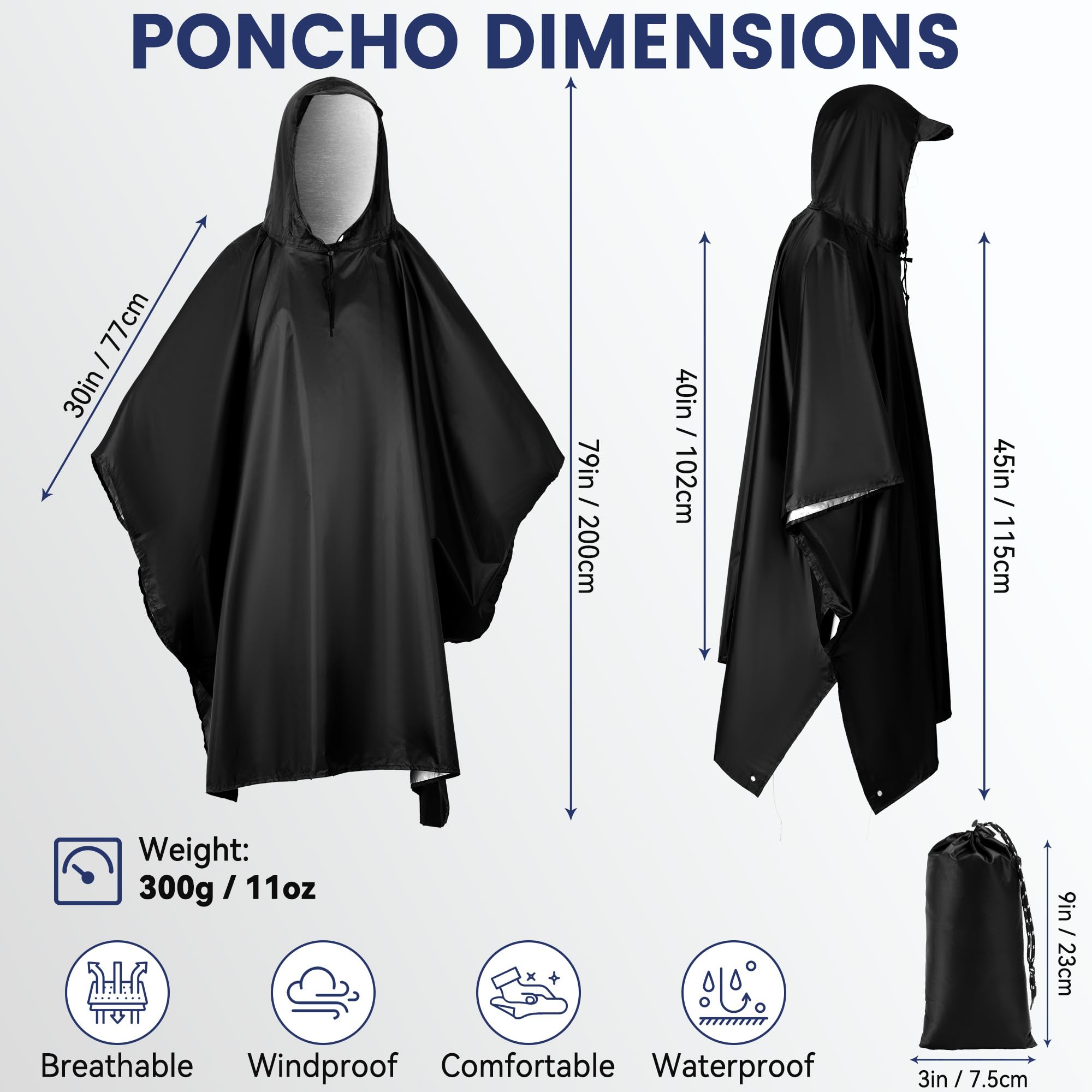 Vortix Poncho de pluie réutilisable 3 en 1 pour homme et femme, veste de pluie, Noir, L
