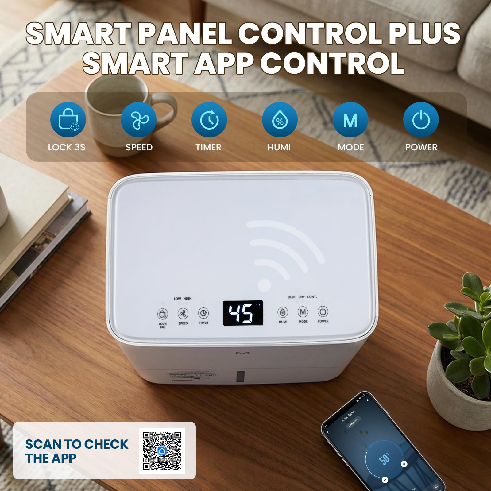 Mxmoonant Deshumidificador 15L/día, App + panel control humedad | timer 24h, 3 modos, manguera y depósito para hogar y sótano