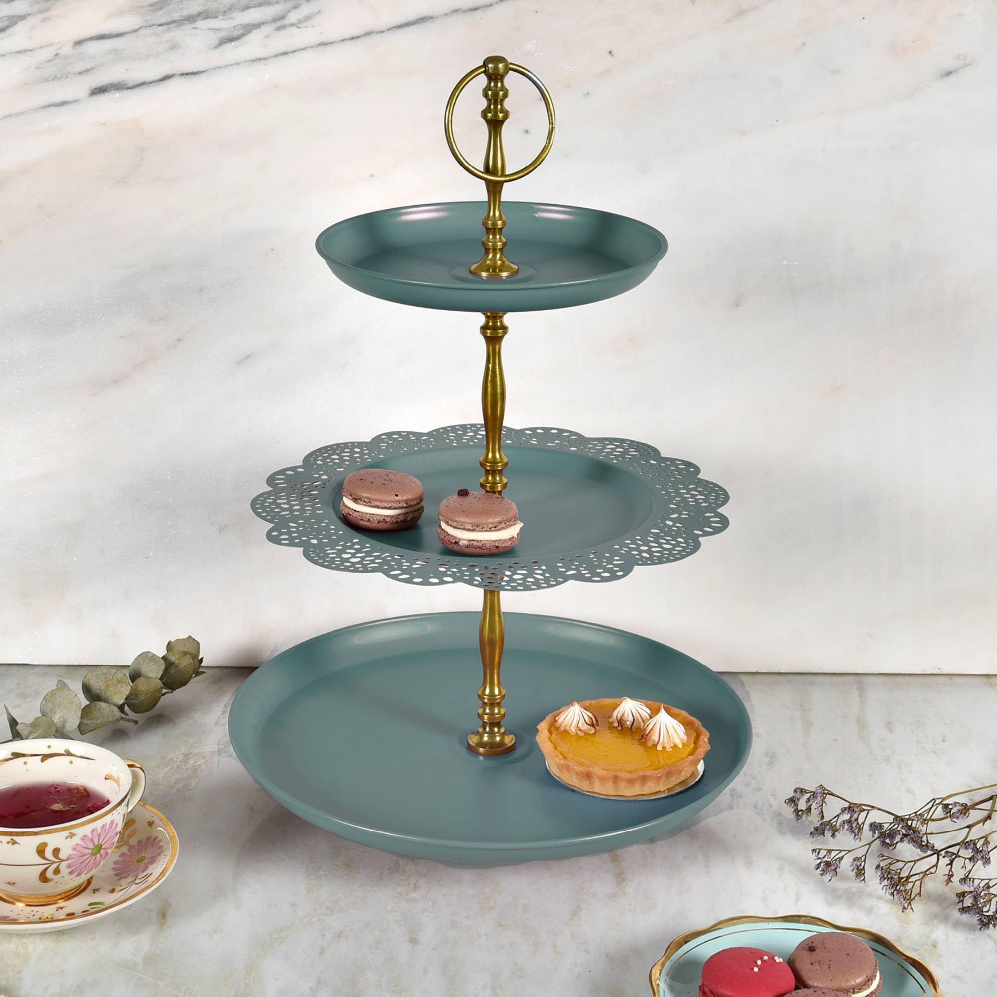 Elan 3 Tier Cupcake Stand for Birthday, Wedding Party Metal Round Shape (Flourish, Moss Green) 4