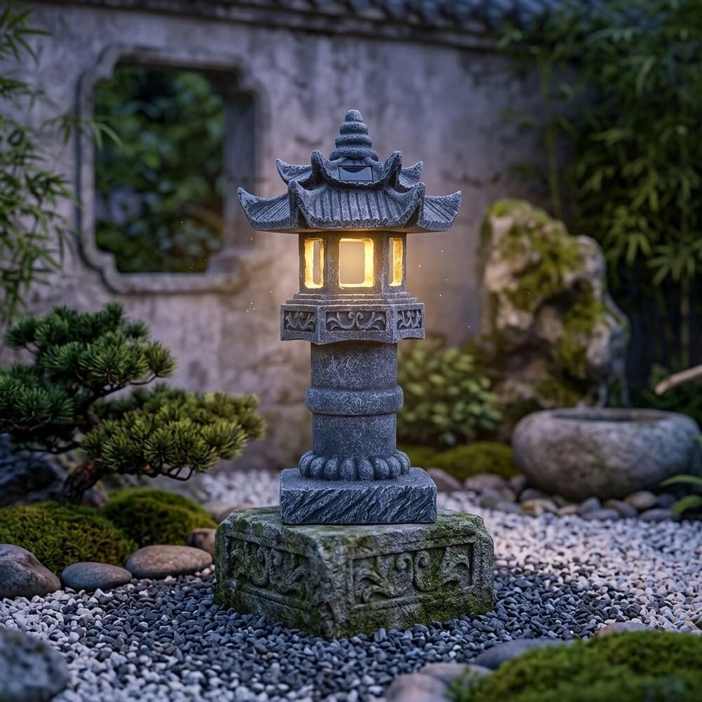 FUBESK Luz solar de pagoda para exteriores, estatua de jardín zen de resina con aspecto de piedra, Ip44 W