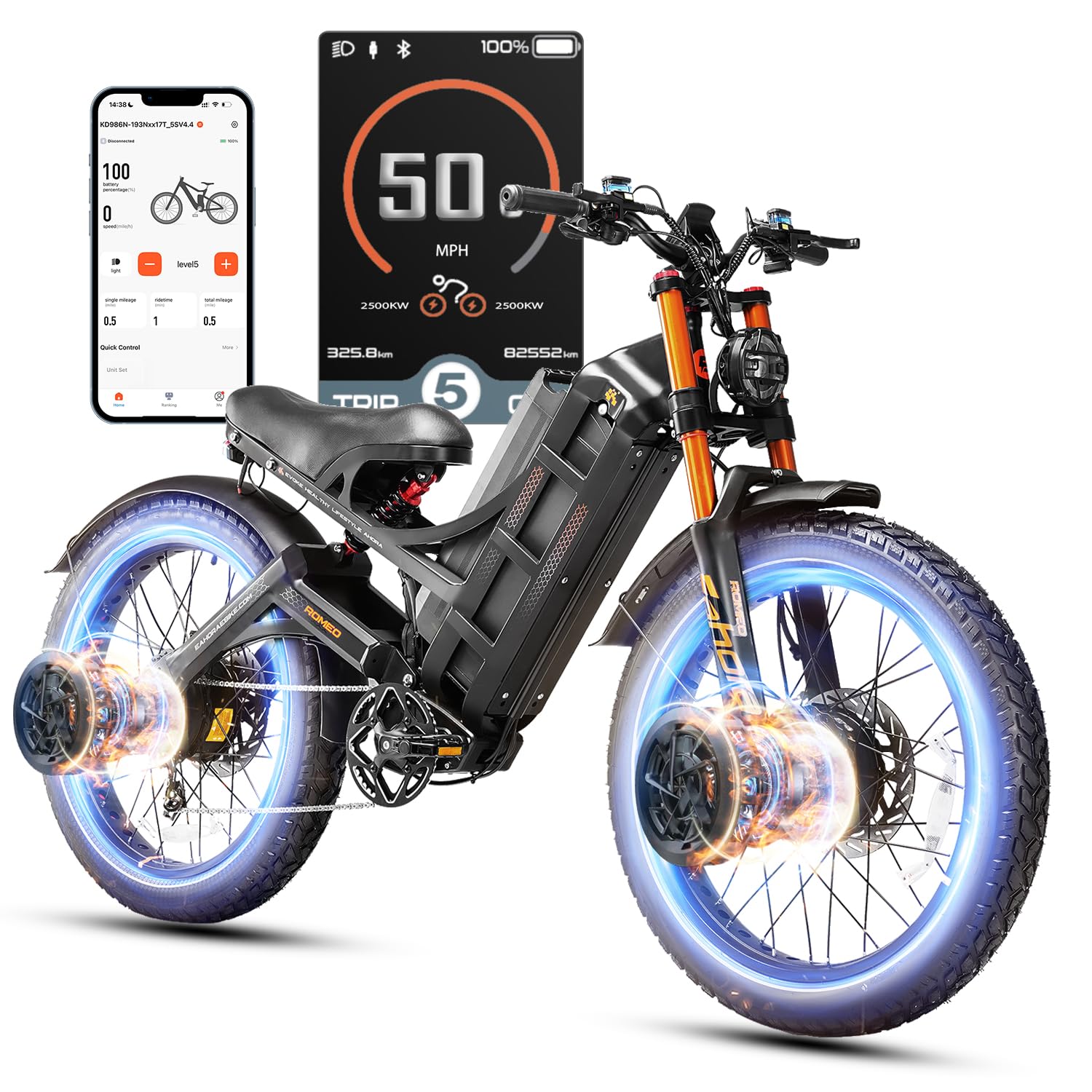 [2025 Upgraded] Romeo Pro 3 Adults Electric Bike 5000W 50MPH Dual Motor Electric Bike 60V 80AH Long Range Electric Mountain Bike Air Damper Full Susepension System, UL2849