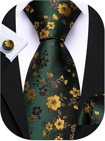 Barry.Wang Men Tie Set Floral Paisley Silk Necktie Pocket Square Cufflinks