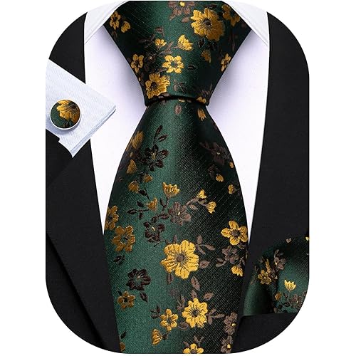 Barry.Wang Men Tie Set Floral Paisley Silk Necktie Pocket Square Cufflinks Formal Wedding Party Business