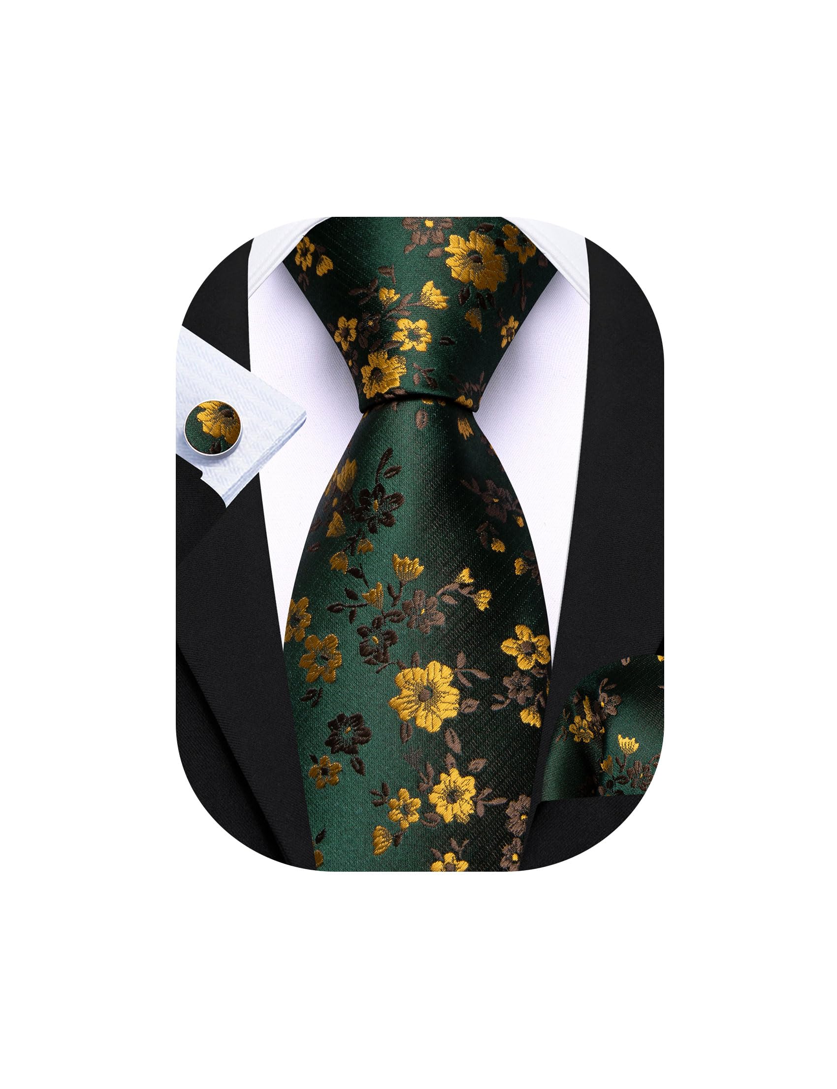 Barry.Wang Men Tie Set Floral Paisley Silk Necktie Pocket Square Cufflinks