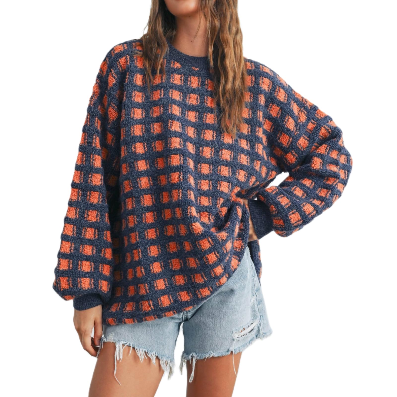 Womens Sherpa Fleece Sweater Fuzzy Checkered Long Sleeve Cozy Crew Neck Pullover Teddy Fluffy Winter Casual Top