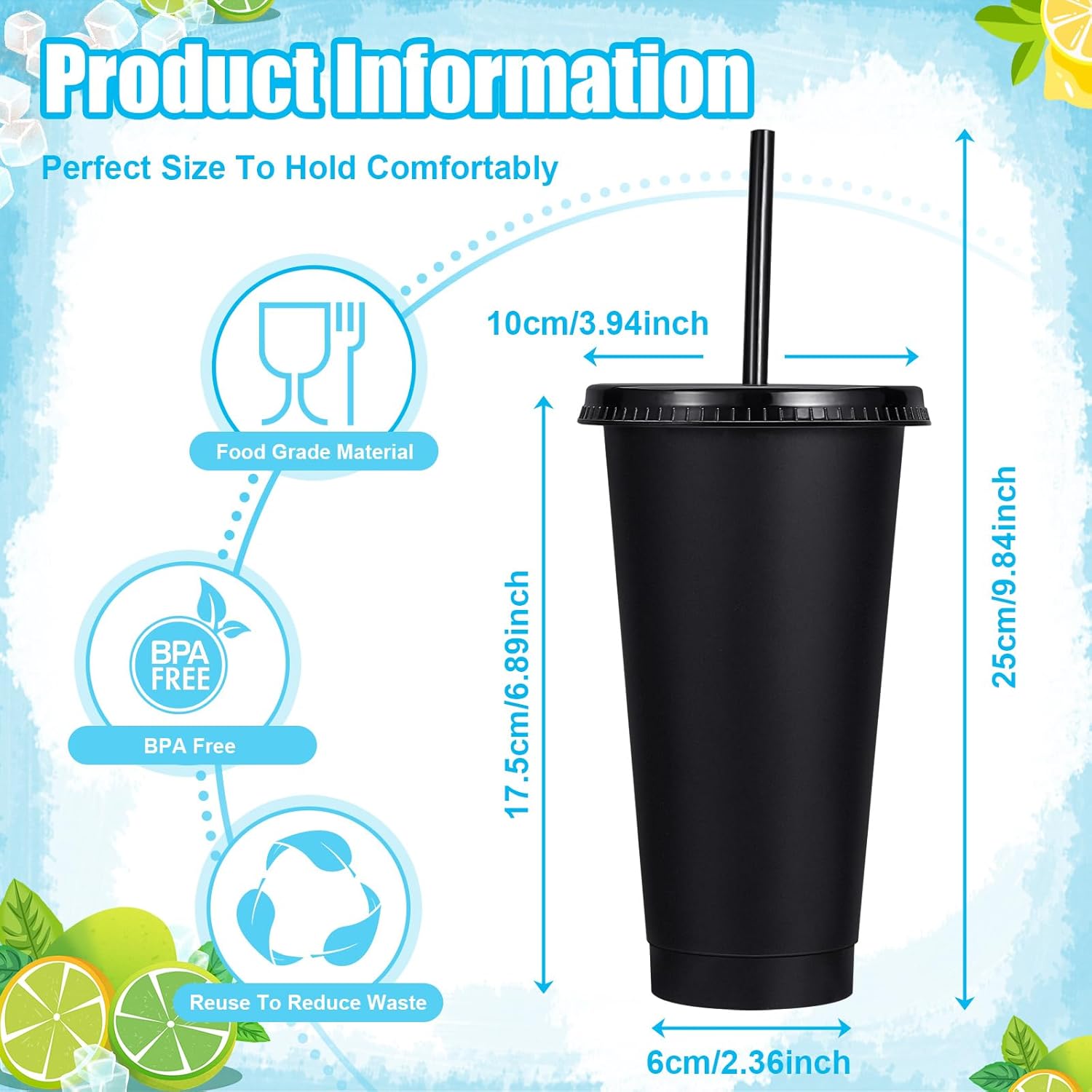 24 Pack Plastic Tumblers with Lids and Straw, Reusable Cups with Lids and Straws Colorful Cups for Cold Drink Iced Coffee, Plastic Tumbler Bulk for Party Birthday Gifts (24 oz, Stylish Colors-Black) - Image 3