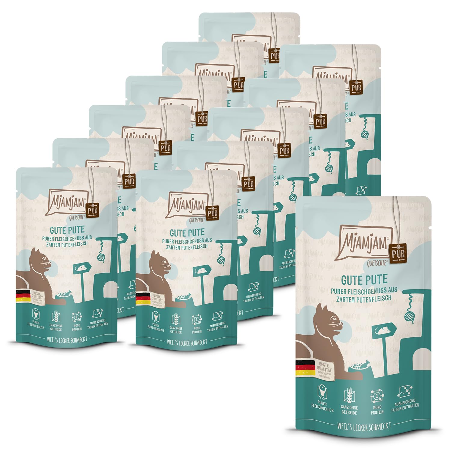 MjAMjAM - Premium Nassfutter für Katzen - Quetschie - purer Fleischgenuss - Gute Pute pur, 12er Pack (12 x 125 g), getreidefrei mit extra viel Fleisch