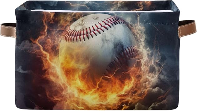 Storage Bin 1PC Baseball Water Fire Fabric Storage Baskets for Organizing Closet Shelf Nursery Toy Clothes Organizer with Handles