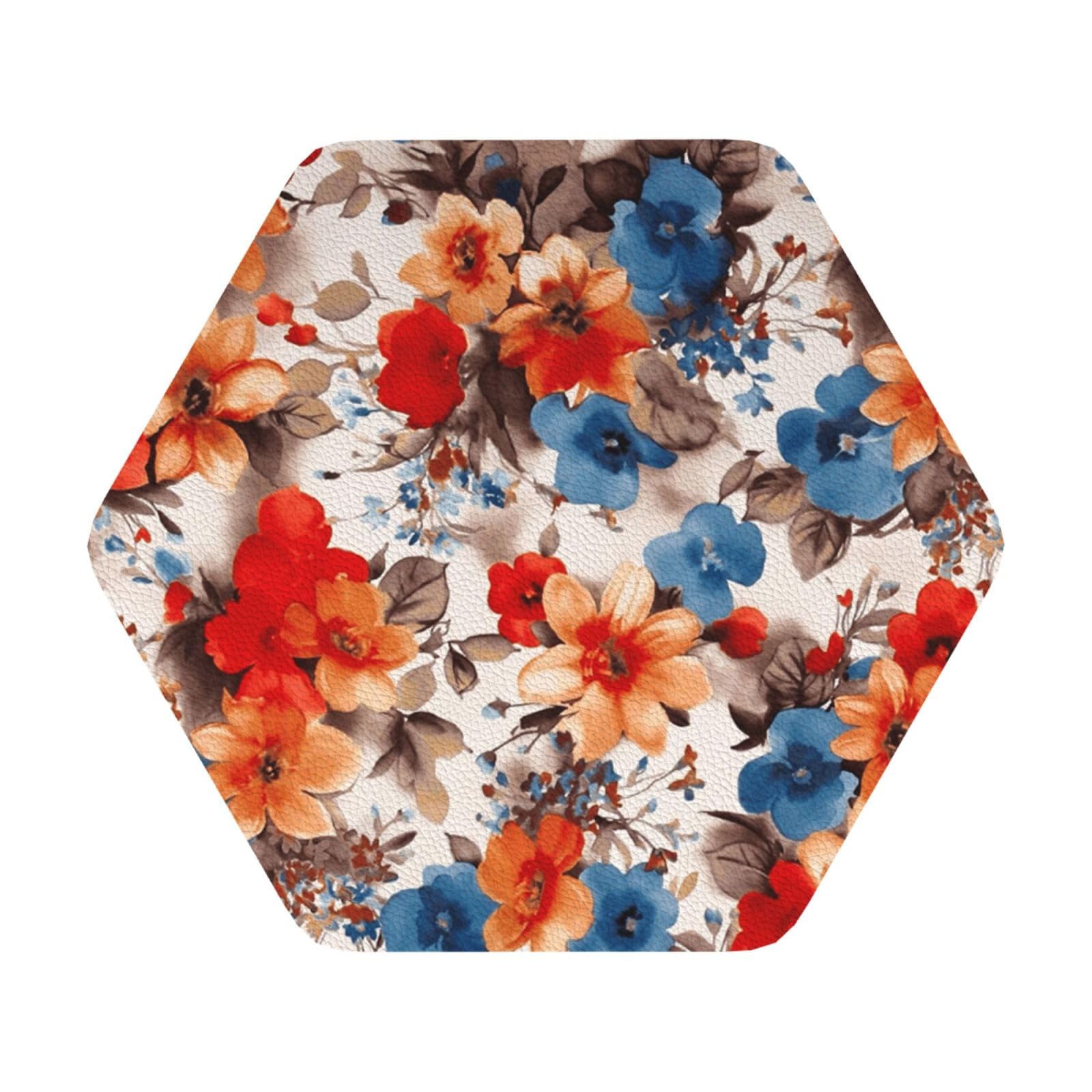 Floral Flower Print PU Leather Coasters Set of 6 Hexagon Drink Coasters