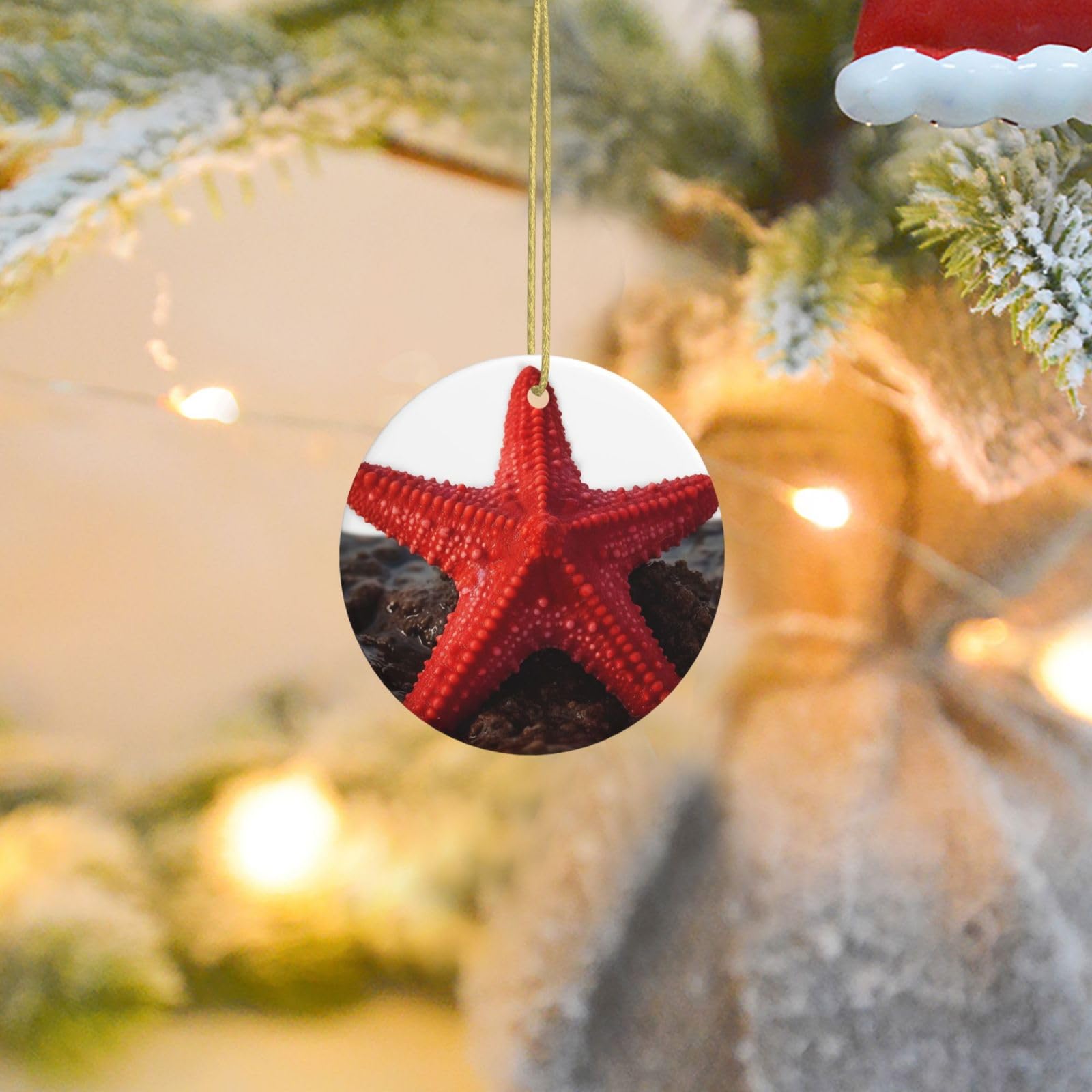 Christmas Tree Ornaments Ceramics Christmas Round Decorations Red Starfish Ceramics Ornaments Circle Pentagram Xmas Tree Hanging Pendant for Christmas Tree Party Holiday Home Decor
