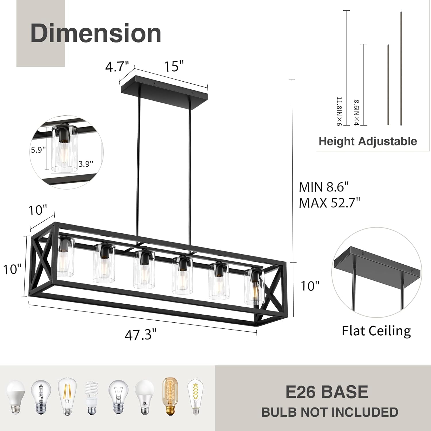 Espird Farmhouse Dining Room Light Fixture - 6 Light Kitchen Island Lighting with Adjustable Height & Thickened Metal Dining Room Light Fixture Over Table?Chandeliers for Dining Room&Kitchen Island 6 light Black