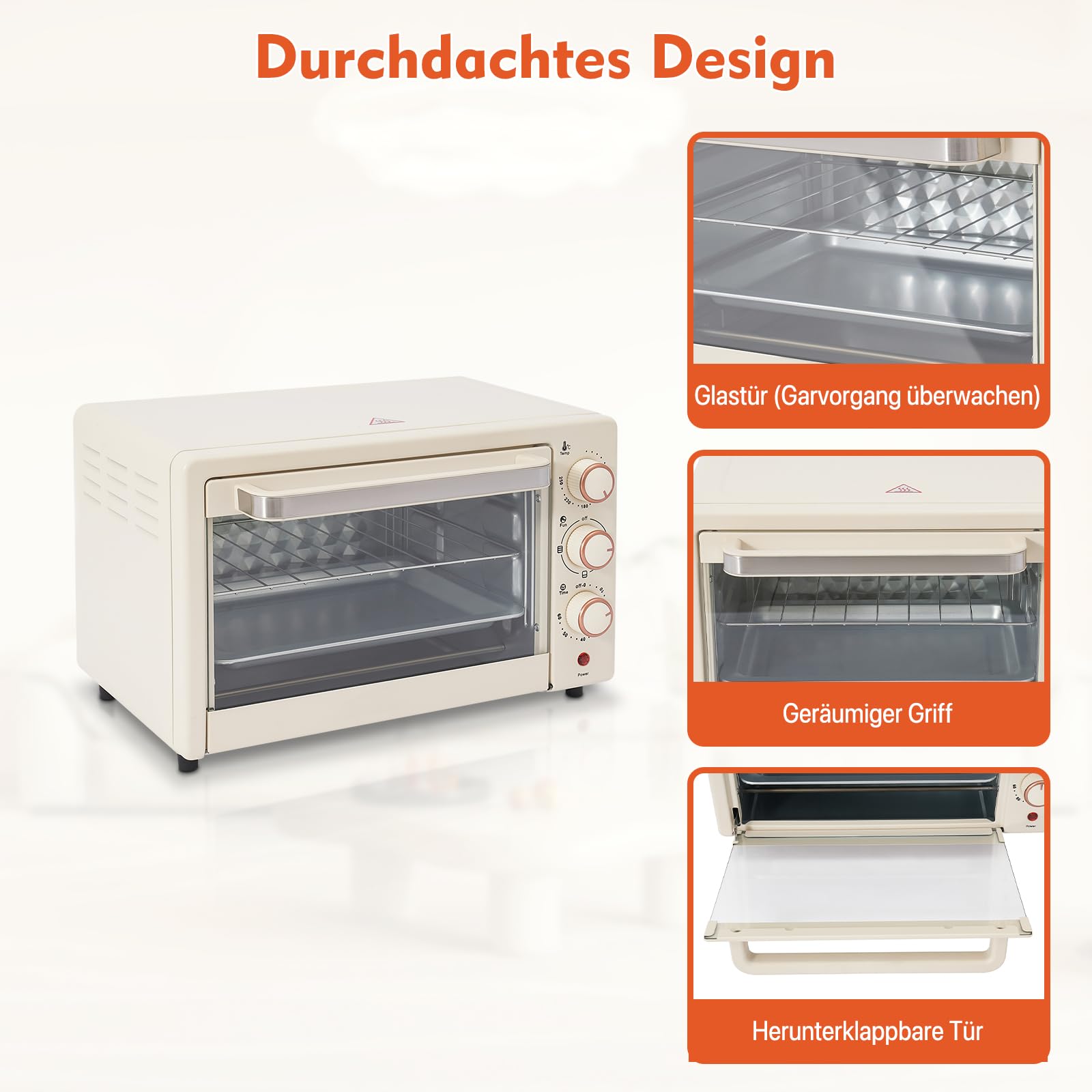 Mini forno compatto da 1000 W, 22 l, con bistecchiera e griglia, 4 tubi di riscaldamento, mini forno per pizza, pane, biscotti, barbecue, famiglia (bianco)