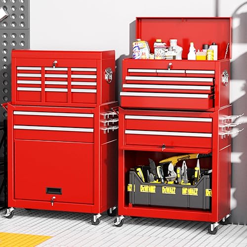 Greenvelly Metal Tool Chest,8-Drawer Rolling Tool Chest with Wheels,Tool Cabinet with Wheels,2 in 1 Detachable Tool Cabinet,Liners and Locking System for Warehouse, Garage,Workshop(RED)