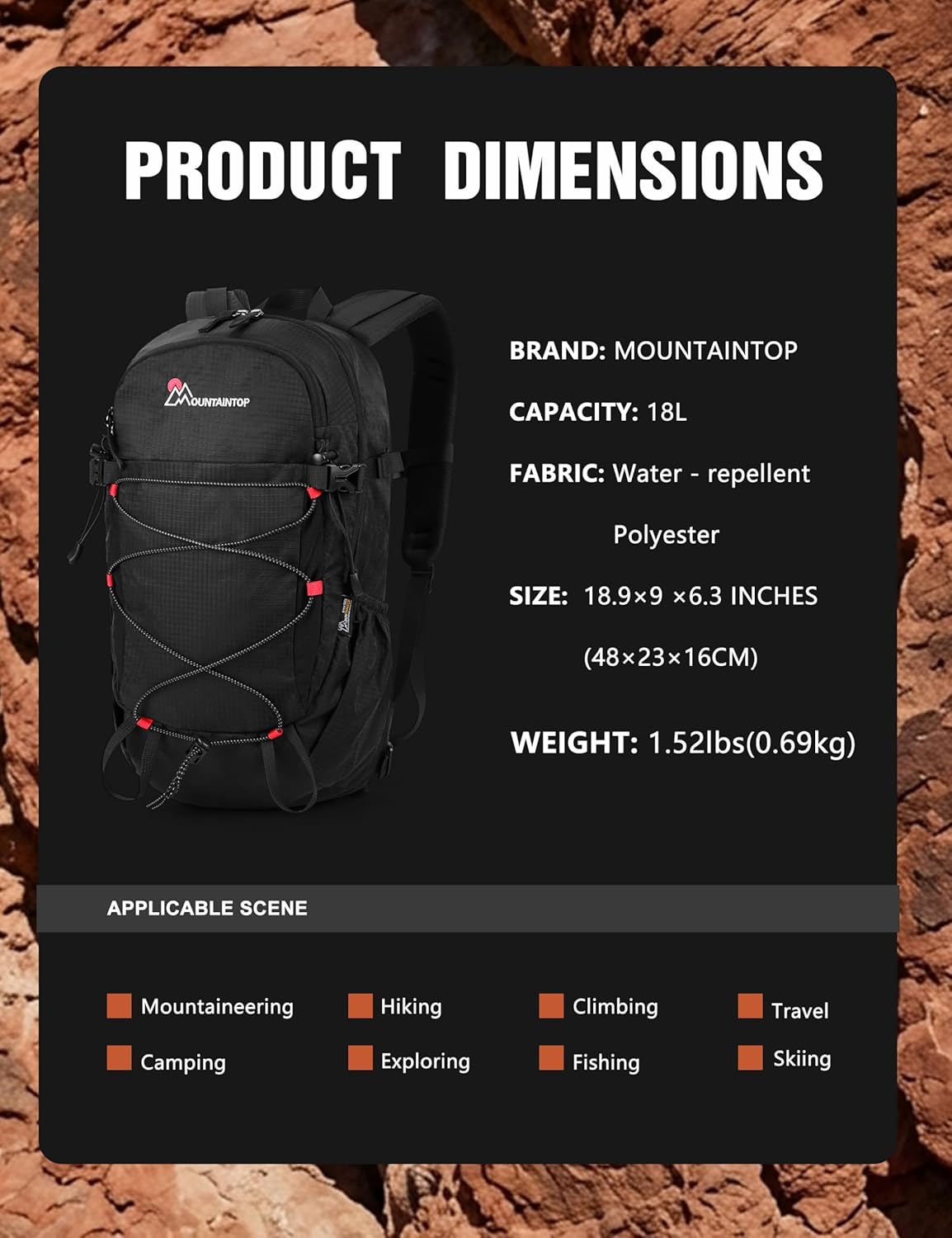 MOUNTAINTOP 18L Hiking Daypack，Lightweight Travel Backpack for Men Women Outdoor Backpacking，Camping，Cycling（Black）